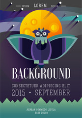 Flat illustration with owl, moon, sky. Background.