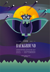Flat illustration with owl, moon, sky. Background.