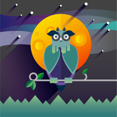 Flat illustration with owl, moon, sky.