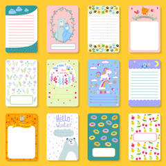 Cute planner children notebooks print design funny organizer greeting note card template vector illustration.