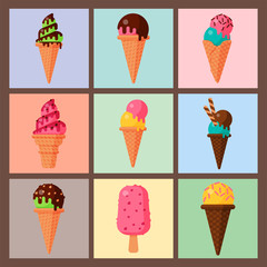 Sweet cartoon cold ice cream cards set tasty frozen icecream collection vector delicious colorful desserts