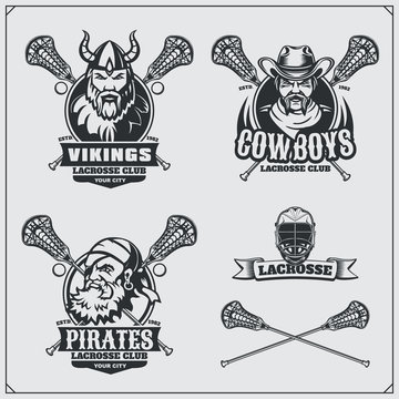 Lacrosse club emblems with viking, pirate and cowboy.