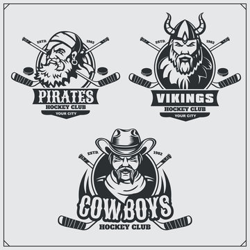 Hockey badges, labels and design elements. Sport club emblems with pirate,cowboy and viking.