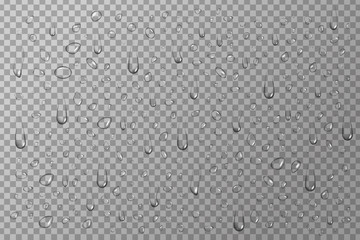 Vector set of realistic isolated water drops on the transparent background.