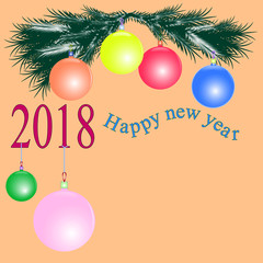 Новогодняя открытка поздравительная ветки ели с игрушками сферическими шарами 2018 год - obrazy, fototapety, plakaty
