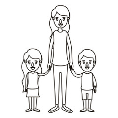 silhouette caricature full body mother taken hand with girl and boy vector illustration