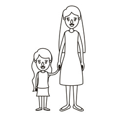 silhouette caricature full body mother taken hand with girl vector illustration