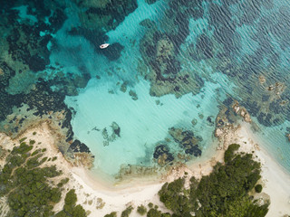 Aerial view of the Sardinian Emerald Coast, with its turquoise sea. in Sardinia Island, is one of the most beautiful and famous coasts in the world