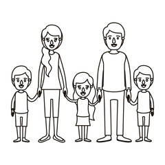 silhouette caricature family with young parents and little kids taken hands vector illustration