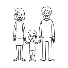 silhouette caricature family with father bearded and mom with short hair with little boy taken hands vector illustration