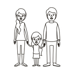 silhouette caricature family with young father and mom with side ponytail hair with little girl taken hands vector illustration
