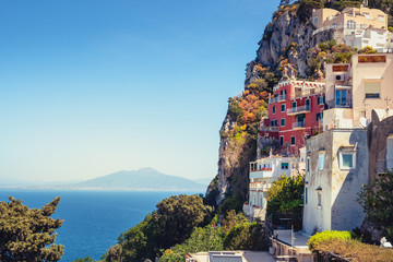 Scenic view of colorful houses on Capri island with Vesuvio background - 151643388