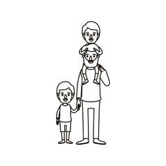silhouette caricature bearded father with boy on his back and kid taken hands vector illustration