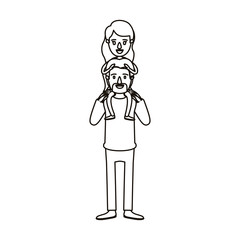 silhouette caricature bearded father with moustache and girl on his back vector illustration