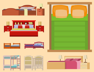 Vector bed icon set interior home rest collection sleep furniture comfortable night illustration.