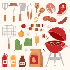 Barbecue home or restaurant rarty dinner products bbq grilling kitchen equipment vector flat illustration - 151644179