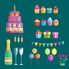 Party icons celebration happy birthday surprise decoration cocktail event anniversary vector.