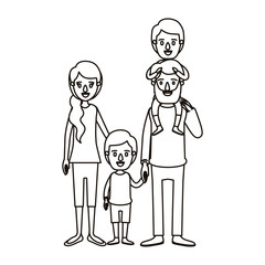 silhouette caricature family parents with boy on his back and girl taken hands vector illustration