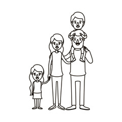 silhouette caricature big family parents with boy on his back and daugther taken hands vector illustration