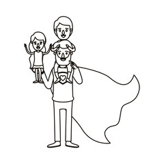 silhouette cartoon full body super dad hero with girl on his hand and boy on his back vector illustration