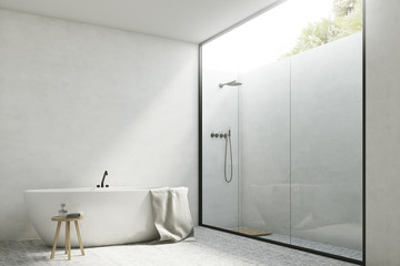White bathroom with a tub, corner