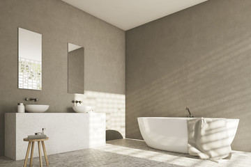 Gray bathroom with sinks, corner
