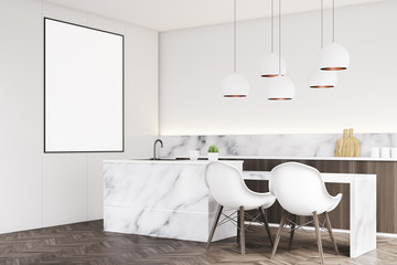 Marble kitchen with poster, corner