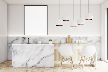 Modern kitchen with poster, front