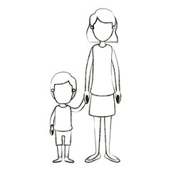 blurred silhouette cartoon full body faceless mother taken hand with boy vector illustration