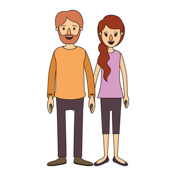 color image caricature full body couple woman with ponytail side hair and man in casual clothing vector illustration