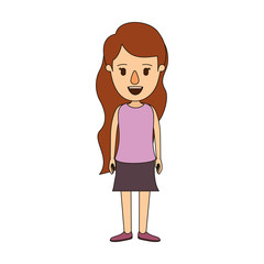 color image caricature full body woman with wavy long hair in skirt vector illustration