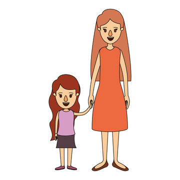 color image caricature full body mother in dress taken hand with girl vector illustration