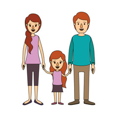 color image caricature family with young father and mom with side ponytail hair with little girl taken hands vector illustration