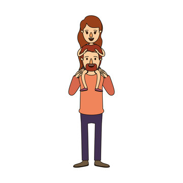 color image caricature bearded father with moustache and girl on his back vector illustration