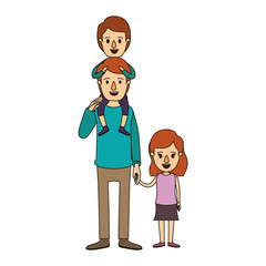 color image caricature dad with boy on his back and girl taken hands vector illustration