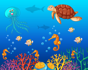Naklejka na ściany i meble Sea animals swimming under the ocean