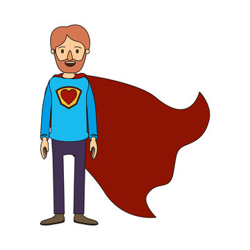 color image caricature full body super dad hero with beard and heart symbol in uniform vector illustration