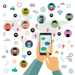 Human hand hold a smart phone and sending messages to friends via messenger app. social concept vector illustration.