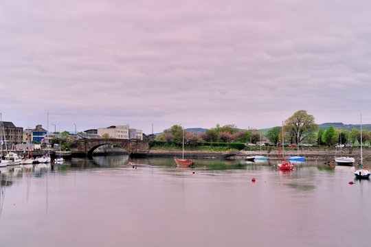 Small boats and sailboats in Dungarvan Harbor, County Waterford, Ireland. 