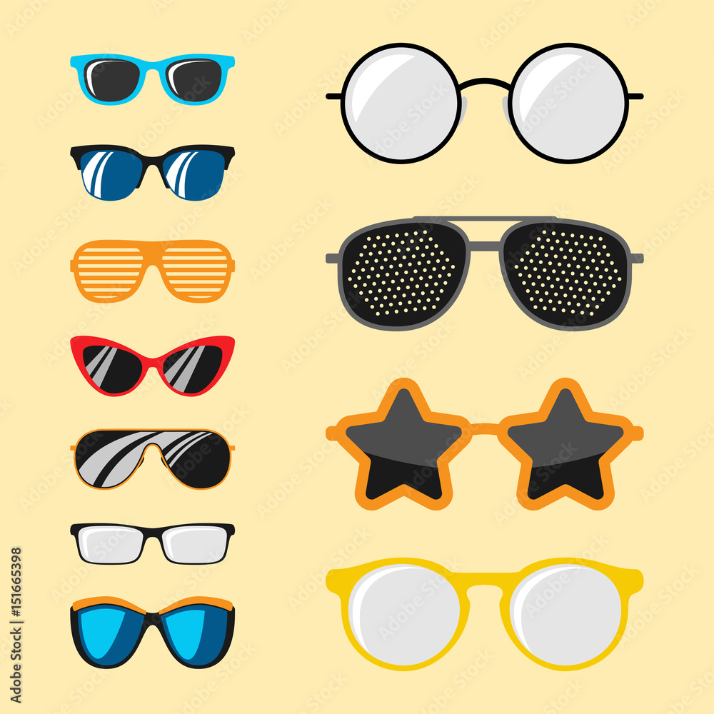 Wall mural fashion set sunglasses accessory sun spectacles plastic frame modern eyeglasses vector illustration.