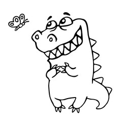 Friendly dragon enjoy the butterfly. Vector illustration.