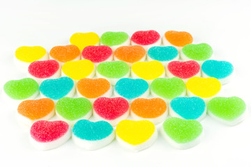 Heart candies coated with sugar, heart colorful sweet candies, sugar heart shaped candy