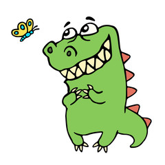 Dinosaur to admire the butterfly. Vector illustration.