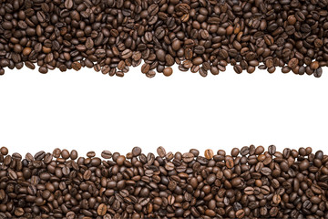 row of coffee beans isolated on white background
