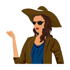 young woman portrait with hat fashion sunglasses, vector illustration