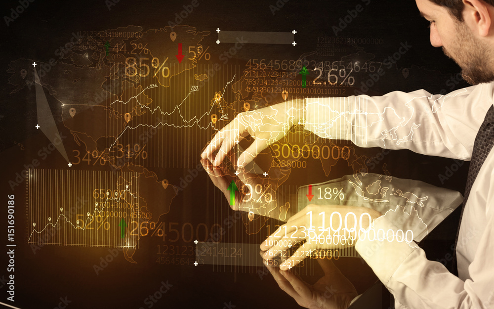 Poster Hands navigate on high tech smart table with business icons