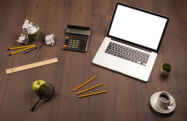 Business desk with office supplies and modern laptop white background