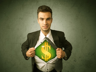 Businessman tearing off his shirt with dollar sign on chest