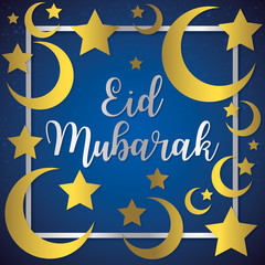 Moon and stars Eid Mubarak (Blessed Eid) card in vector format.