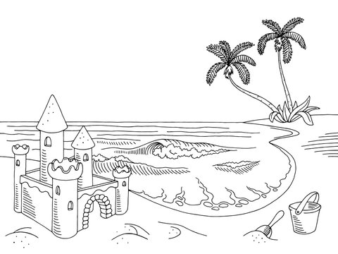 Sea coast graphic sand castle black white landscape sketch illustration vector